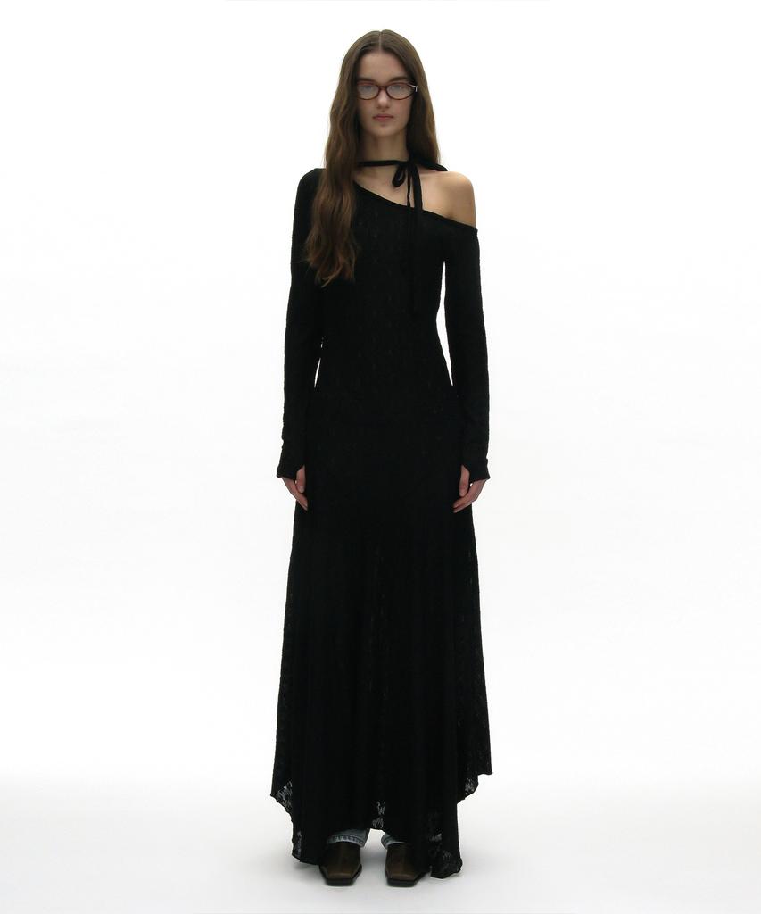 Partimento Woman Sheer Lace Tie-Neck Maxi Dress_Black
