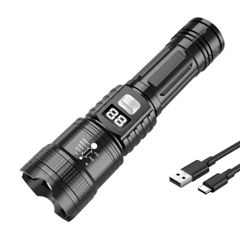LED Super Bright Flashlight USB Rechargeable Portable Ultra Power Torch Lamp Retractable Digital Zoom Powerful Light for Camping