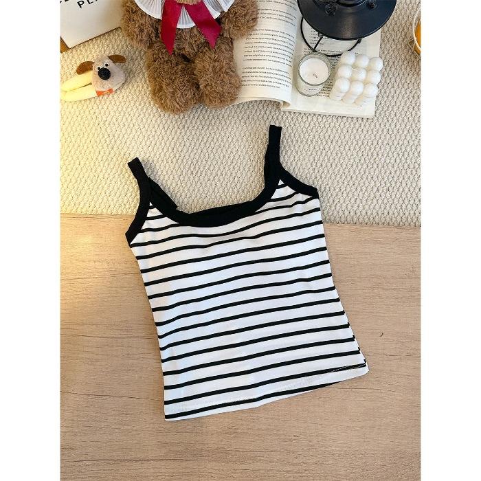 With chest pad, Spice Girl style contrasting color striped u-neck suspender vest women's summer slim back sleeveless casual top