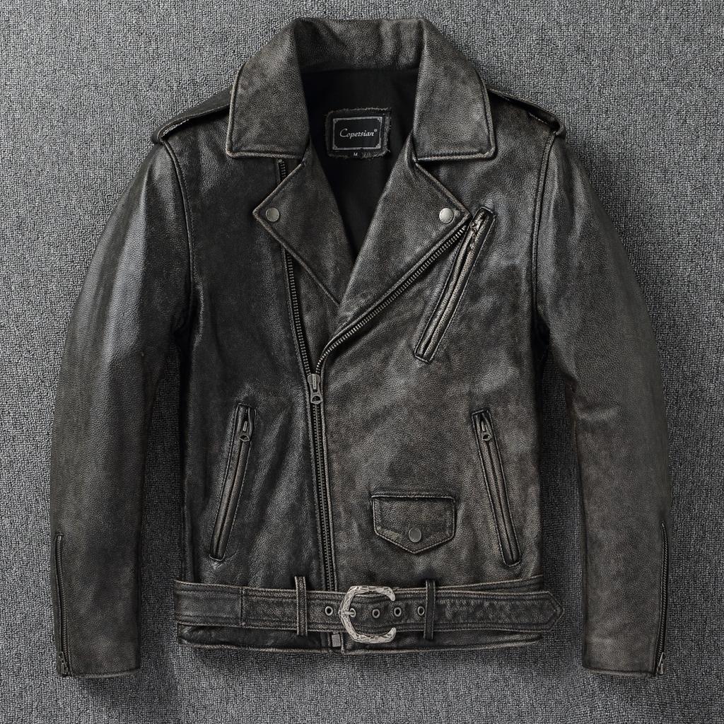 Genuine Leather Jacket Men Real Cowhide Biker Jacket Slim Fit Retro Short Zipper Motorcycle Coat
