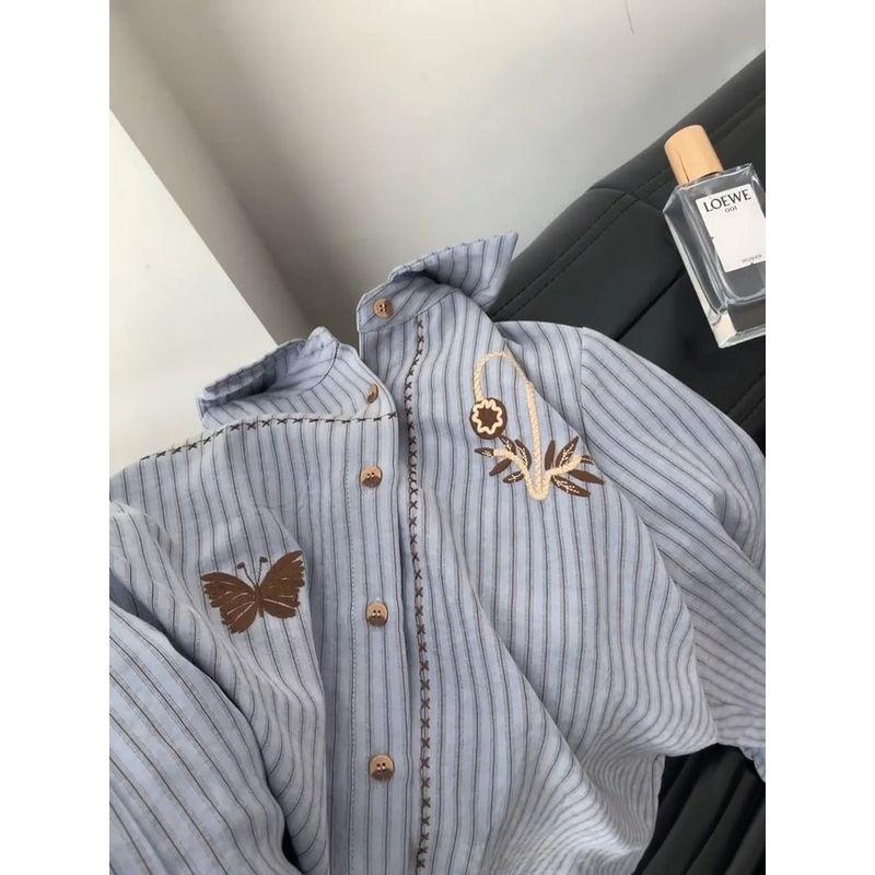 Striped Turn-Down Collar Long-Sleeve Shirt for Women, New Spring Model with Butterfly Embroidery, Slimming Loose Fit, Versatile Trendy Top