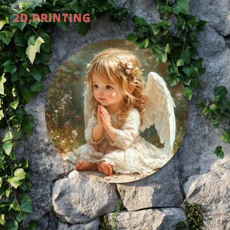 Metal Wall Art Aluminum Decor, Angel Theme Round Floral Sign, Home Living Room Cafe Decor