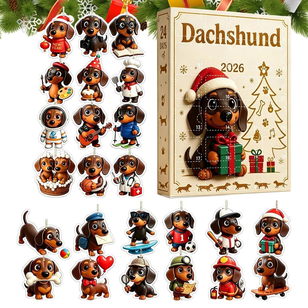 2026 Dachshund Advent Calendar 2D Acrylic Christmas Dog Decoration 24 Days Dachshund Tree Pendant Xmas Navidad Party Supplies