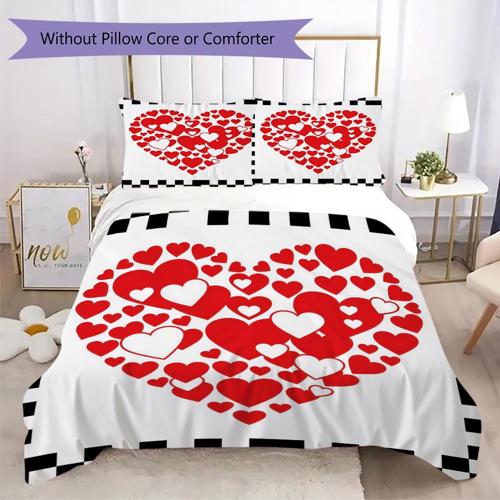 Rotes Love-Muster Bettwäsche-Steppdecken-Set Steppdeckenbezug Kissenbezug Heimdekoration Geburtstagsgeschenk (1 * Bettbezug + 2 * Kissenbezug ohne Füllung)