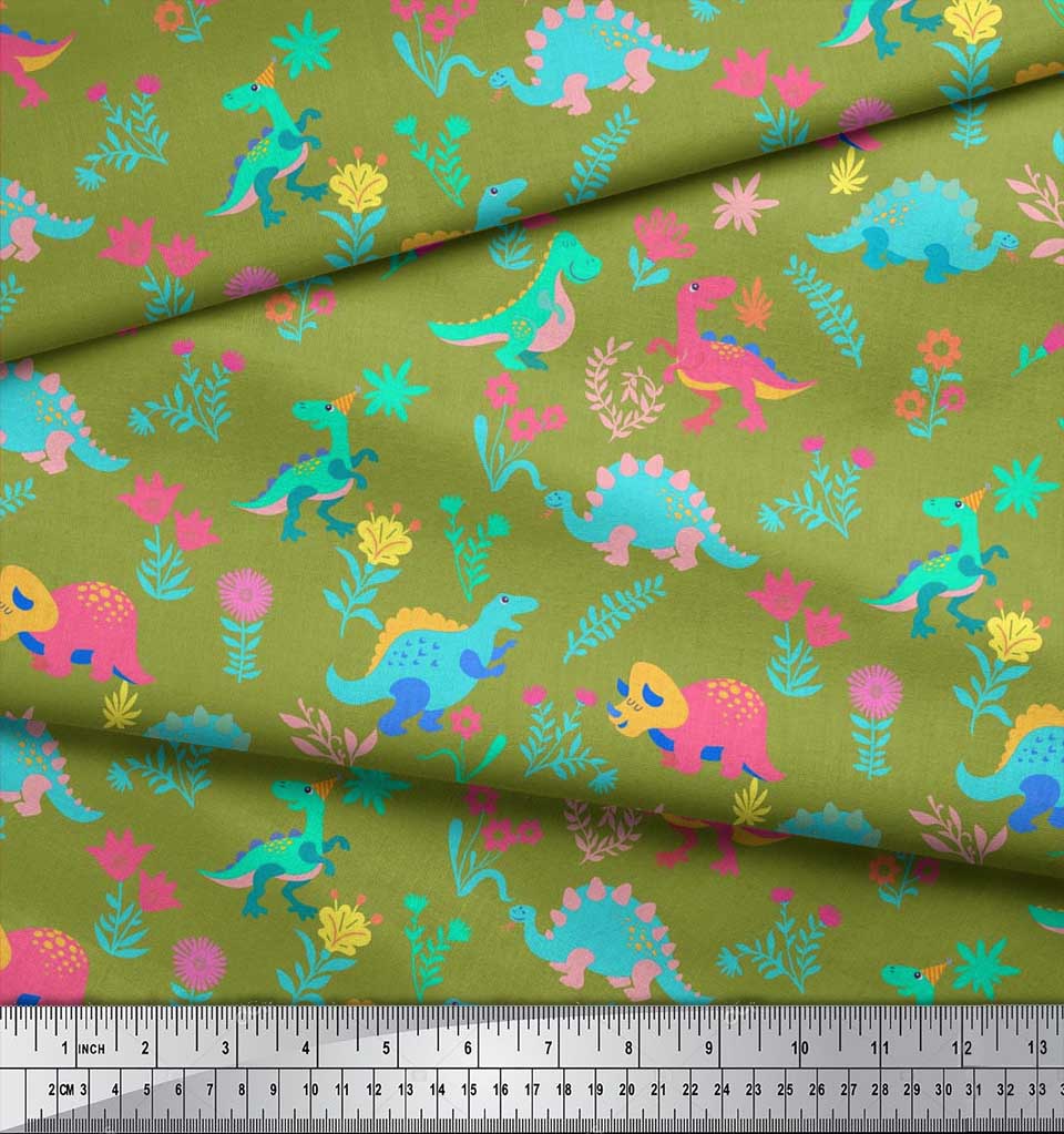 Soimoi Black Japan Crepe Satin Fabric Aster Flower & Dinosaur Kids Print Fabric by Metre 42 Inch