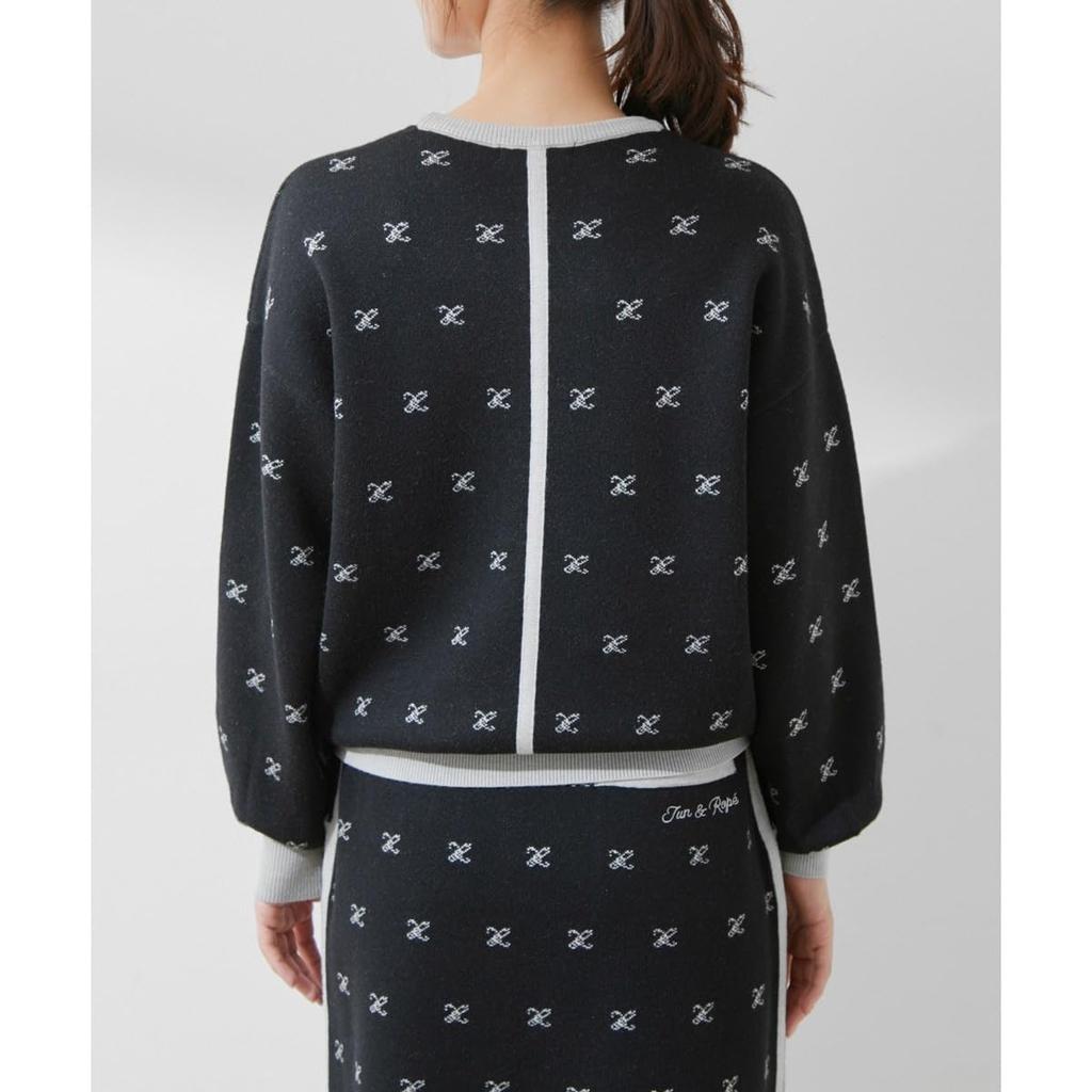 Knit Pullover Monogram Jacquard Puff Sleeve Pullover Cromain [June Andrope] [Set-up Compatible] Women's (01)