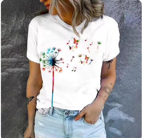 High quality loose and comfortable short-sleeved top summer trend casual women's T-shirt fashion simple dandelion print T