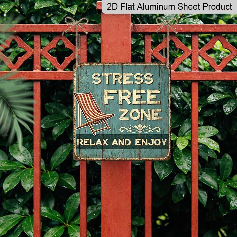 Placa Pendurada de Alumínio 2D Plana 1 Peça Vintage Desgastada Zona Livre de Estresse, Placa "Zona Livre de Estresse Relaxe e Aproveite" e Gráfico de Cadeira de Praia, Parede