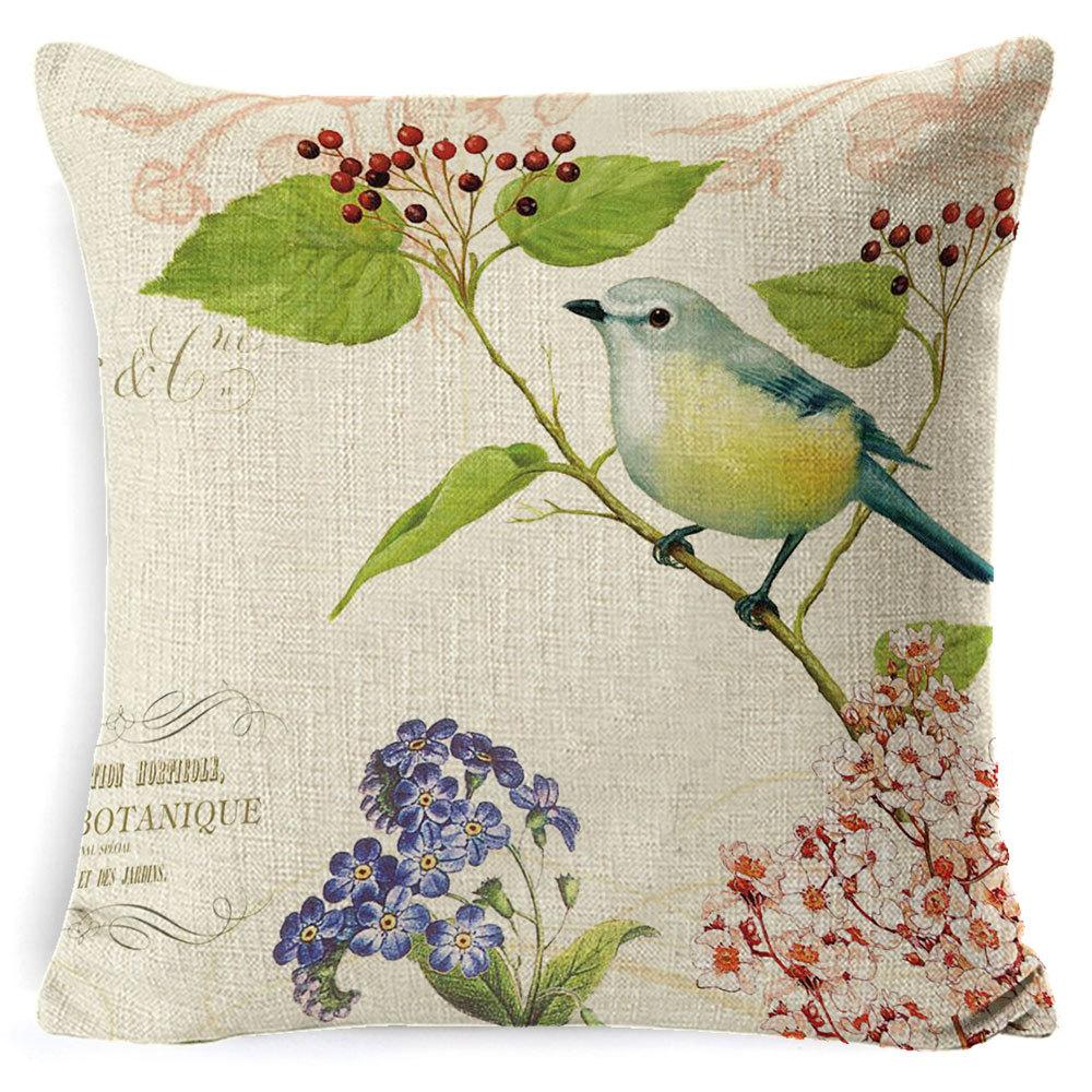 Village Style Rural Flower And Bird Sofa Pillow Cover Linen Spring Cushion Cover Car Waist Backrest Cover