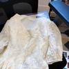Embroidered Jacquard Craft Puff Sleeves French Design Sense V-neck Waist Fashion Loose Chiffon Short-sleeved Lace Shirt Women