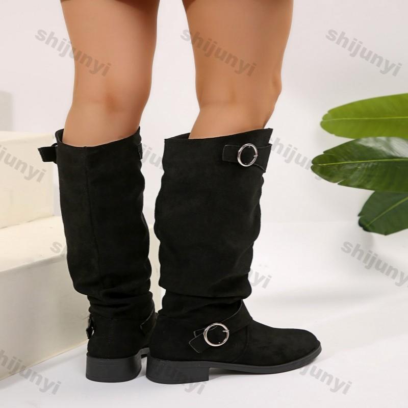 Fashion Women's Chunky Heeled Long Pleated Boots Comfortable Slip On Boots Woman Autumn Winter Thick Heel Belt Buckle Knee High Booties
