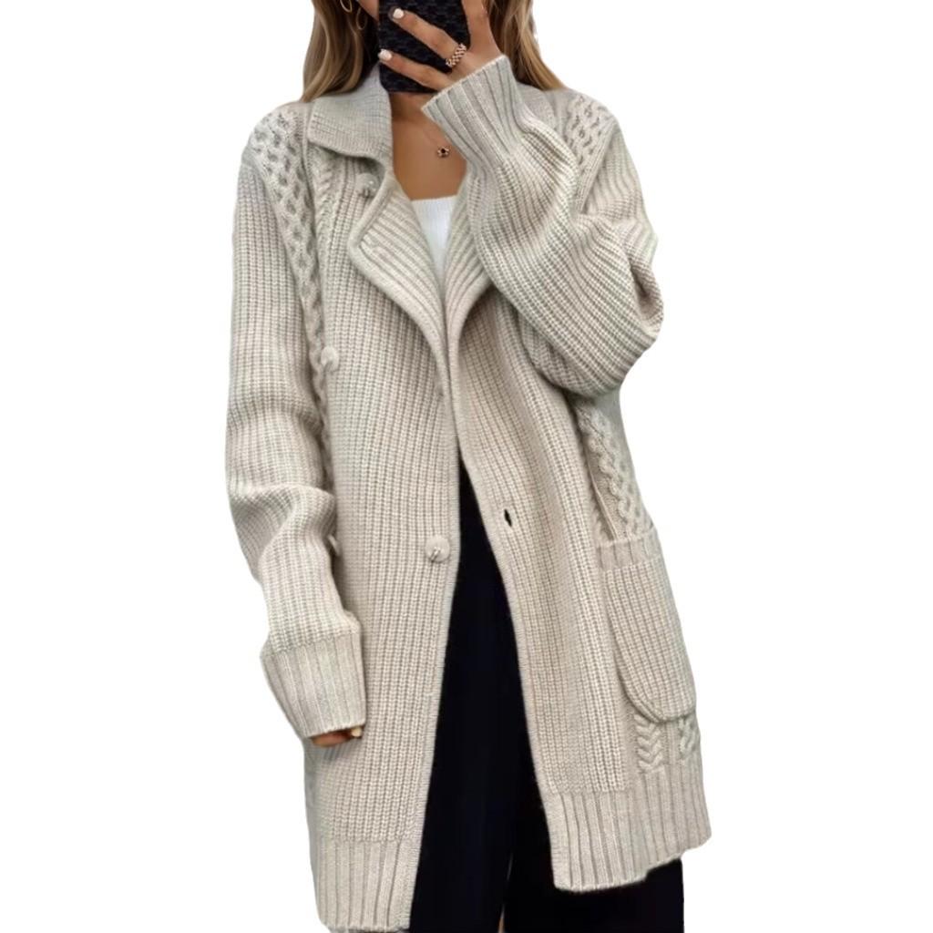 Damen Retro Jacquard Mittellanger Strickjacke Pullover mit Bindegürtel - Herbst/Winter 2024 Kollektion