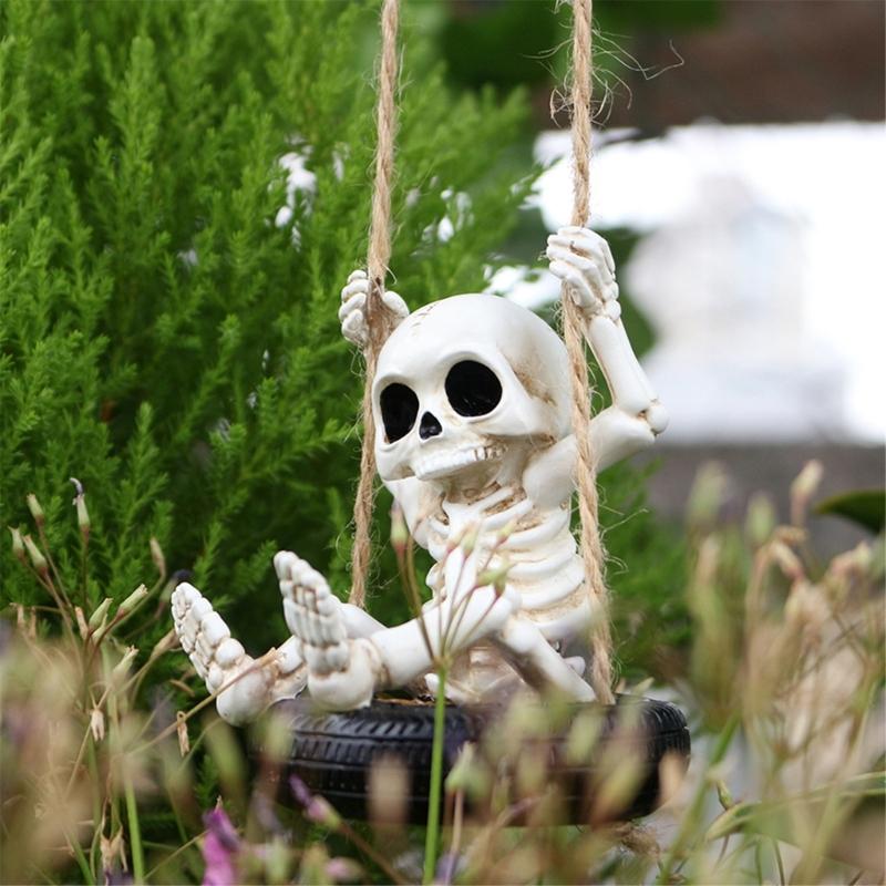 Scary Skeleton a Swing Hanging Statue Garden Decors Tire Swing Skull Sculptures Hanging Ornament for Patios Lawn Yard