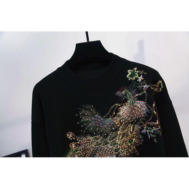 Plus Size Women's Velvet Peacock Sequin Two-Piece Set - Long Sleeve Fashion Suit for Autumn