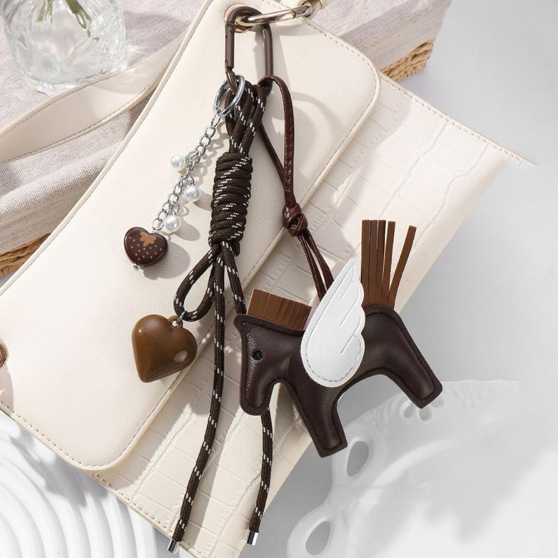 Handmade Brown PU Leather Horse Keychain Bag Charm Key Holder Stylish Animal Figure Keyring for Gift and HandBag Decors