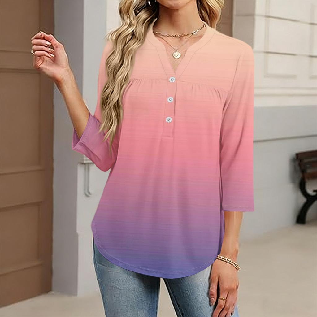 Modisches lässiges Damen-T-Shirt-Top mit Farbblock-Gradienten-Print, V-Ausschnitt, Knopfleiste und Dreiviertelärmeln