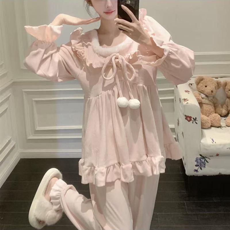 

Комплект женской пижамы в стиле французского двора с бархатной оборкой - Пуловер с длинным рукавом, идеально подходит для осенне-зимней домашней одежды или повседневных нарядов Large