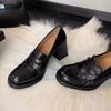 Super Soft Leather French Retro Round Head Thick Heel Loafers Women's British Style One-pedal Small Leather Shoes Women's High Heel Single Shoes