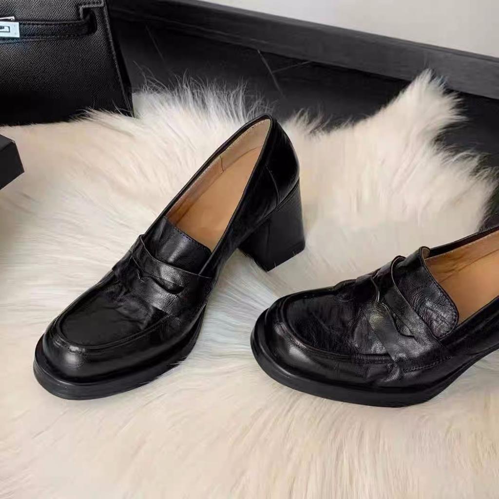 Super Soft Leather French Retro Round Head Thick Heel Loafers Women's British Style One-pedal Small Leather Shoes Women's High Heel Single Shoes