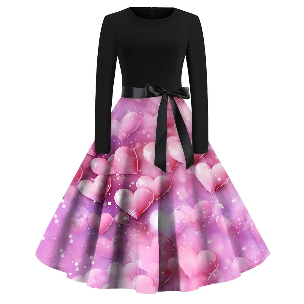 Women's Printed Round Neck Big Hem  Skirt Pleated Skirt Long Sleeved Dress Dress