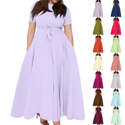 Vestido Casual de Moda para Mujer Talla Grande Color Cuello Redondo Manga Corta Bolsillo Tirantes Oscilante