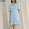 Women V Neck Short Sleeve Ruffled Hem Casual Loose Tunic Dress