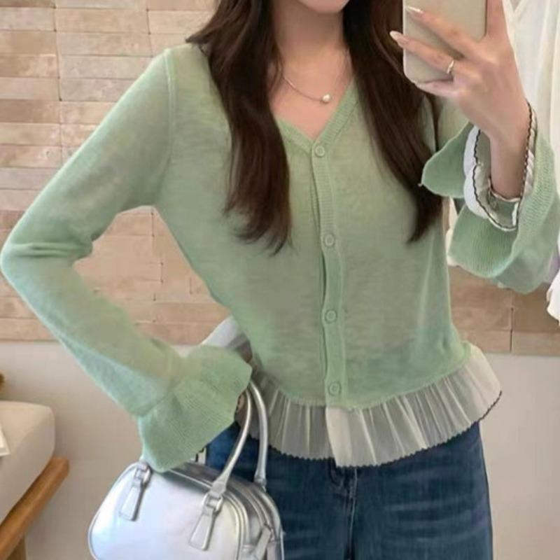 Sweet Style Hem Lace Trim Knit Cardigan Women Spring Summer Sun Protection Thin Sheer Knit Coat
