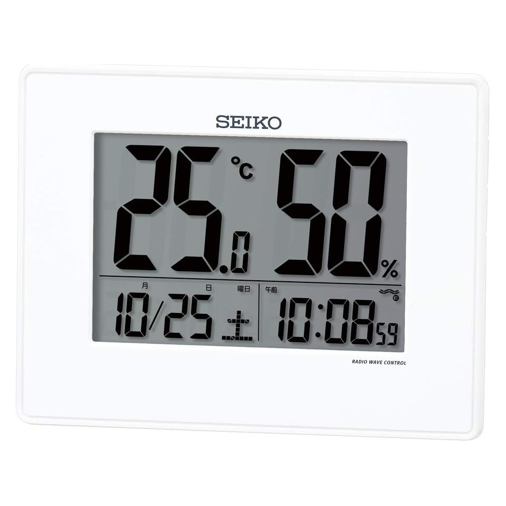 Seiko Clock Desk Clock, Alarm Clock, Wall Clock, Radio-Controlled, Digital, Calendar, Temperature and Humidity Display, White, Dimensions: 12.7 x 16.5