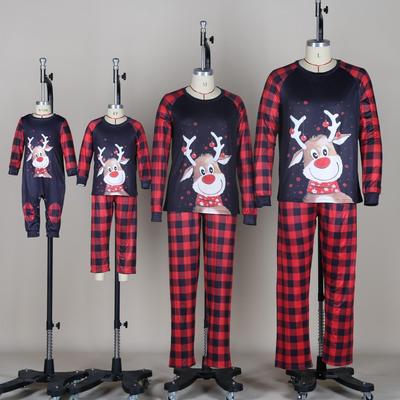 European-American Christmas Deer Print Pajamas - Family Matching Plaid Round Neck Set