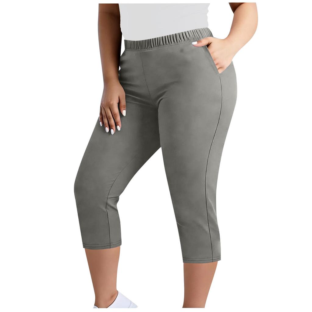 Pantaloni Capri elasticizzati taglie forti da donna con elastico in vita e tasche, pantaloni cropped comodi per l'uso quotidiano