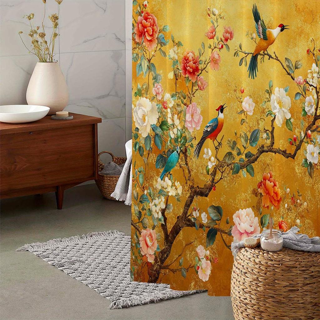 Polyester Duschvorhang im Vintage-Stil mit Ast- und Blumen-Vogel-Print und 12 Haken | Künstlerisches Design für Badezimmerdekoration