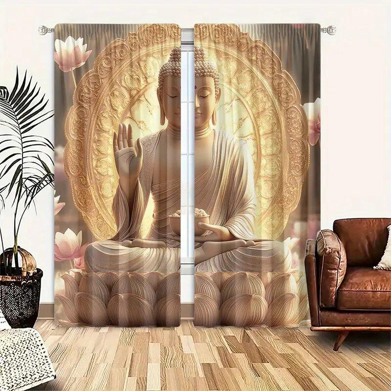 2pcs - A Buddha Statue with a Golden Background Print Curtains, Pole Bag Curtains, Home Decoration, Room Decoration