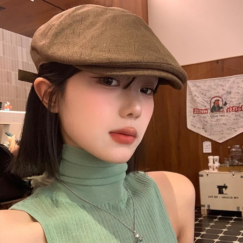 Retro Yamamoto style thin breathable washed linen pleated design octagonal hat temperament show face small equestrian hat