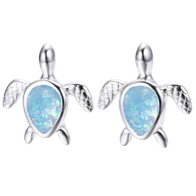 Platinum Opal Teardrop Turtle Stud Earrings - Unisex European American Fashion Jewelry