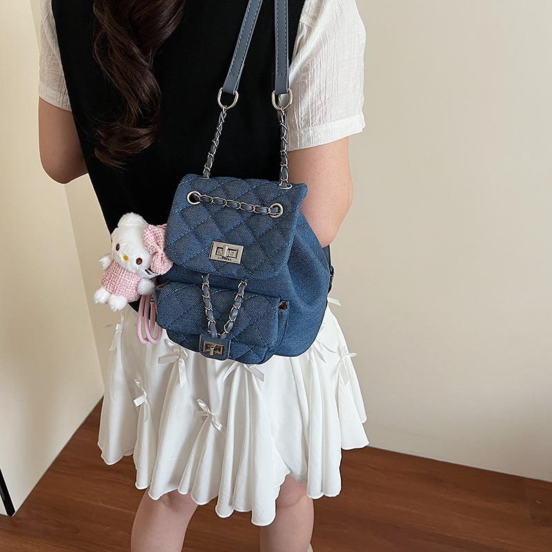 Denim rhombus backpack women's summer new fashion chain small bucket bag