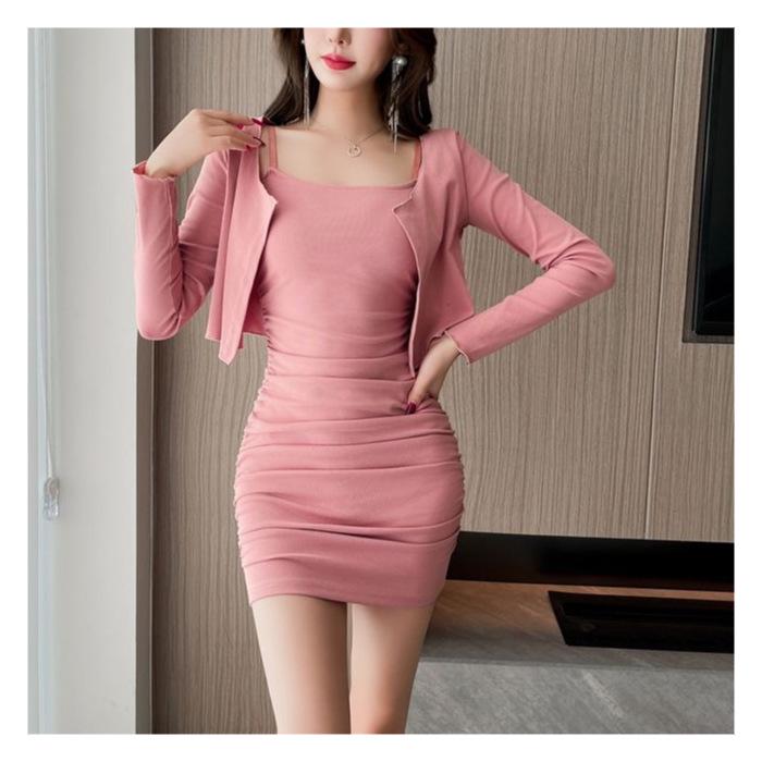

Women s One-Shoulder Ruffled Bodycon Dress with Spaghetti Straps & Cropped Long-Sleeve Cardigan Set Medium розовый