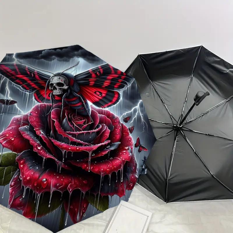 Red Rose Moth Automatic Folding Umbrella: Stylish Design with 8-Bone Frame, Perfect for Travelers and Daily Use - Ideal Gift for Fans and Oc
