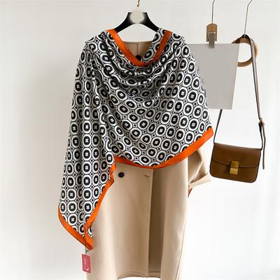 Geometric Printed Large-Size Shawl Four-Leaf Clover Silk Scarf Imitation Silk Scarf Versatile Headscarf Thin Style Brocade
