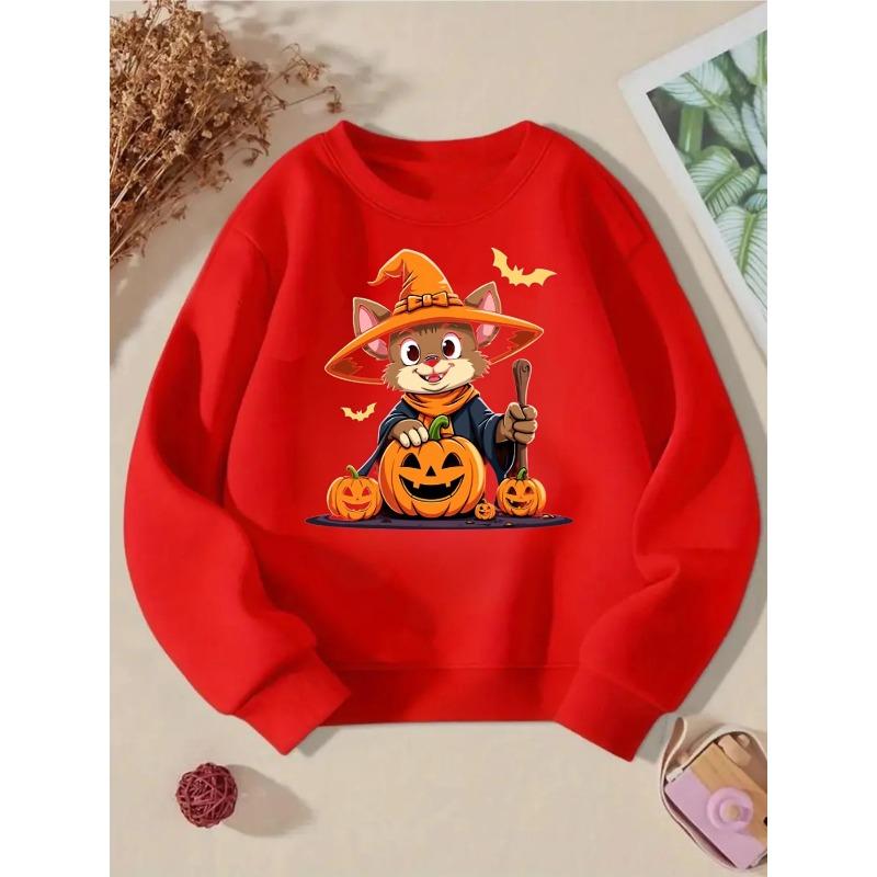 Kids Stylish Crewneck Sweatshirt, Adorable Feline Sorceress Halloween Pumpkin Print,Casual Sportswear for Spring & Autumn