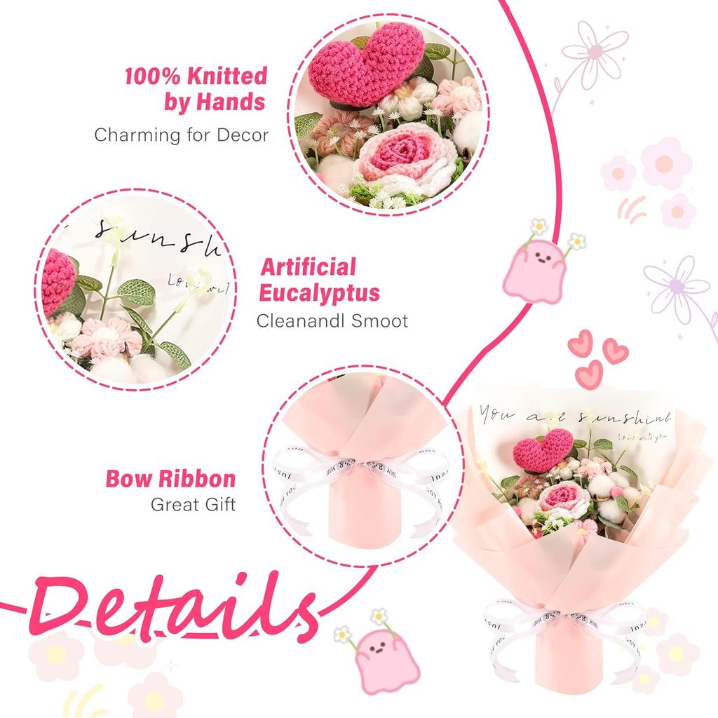 Crochet Rose Flower Bouquet - Handmade Rose Artificial Flowers for Holiday Wedding Graduation Anniversary Birthday Home Decoration (Pink)