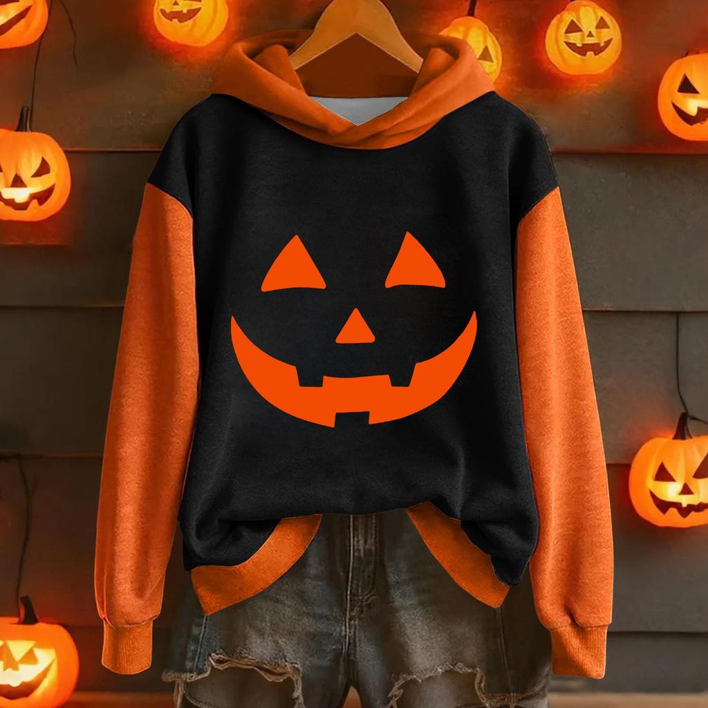 Ladies' Casual And Fashionable Halloween Printed Long Sleeved Hooded Warm Shirt Loose And Comfortable Hoodie