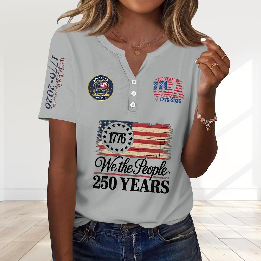 Women's Fashion Casual 250th Anniversary Independence Day Print V-Neck Short Sleeve Decorated Button-Up T-Shirt