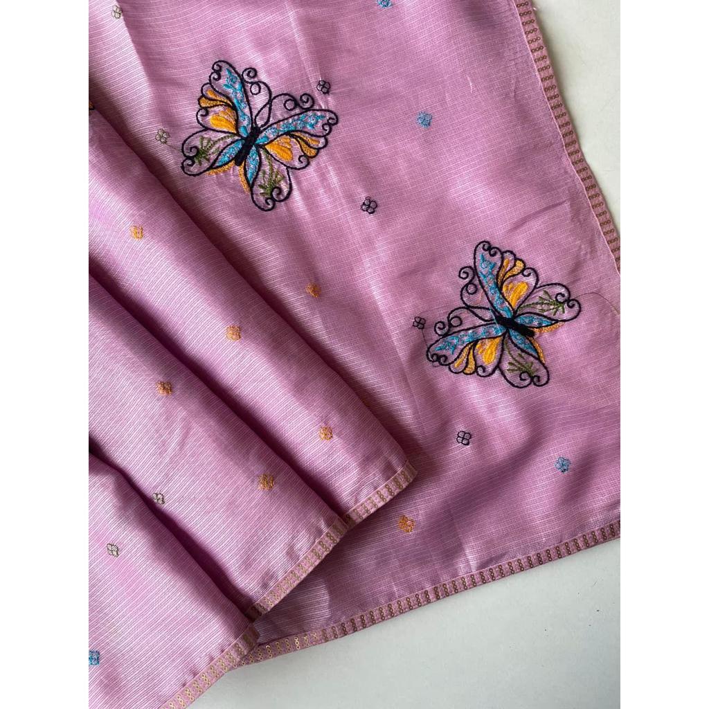 Pure kota silk saree with beautiful butterfly design embroidory all Over saree with piping