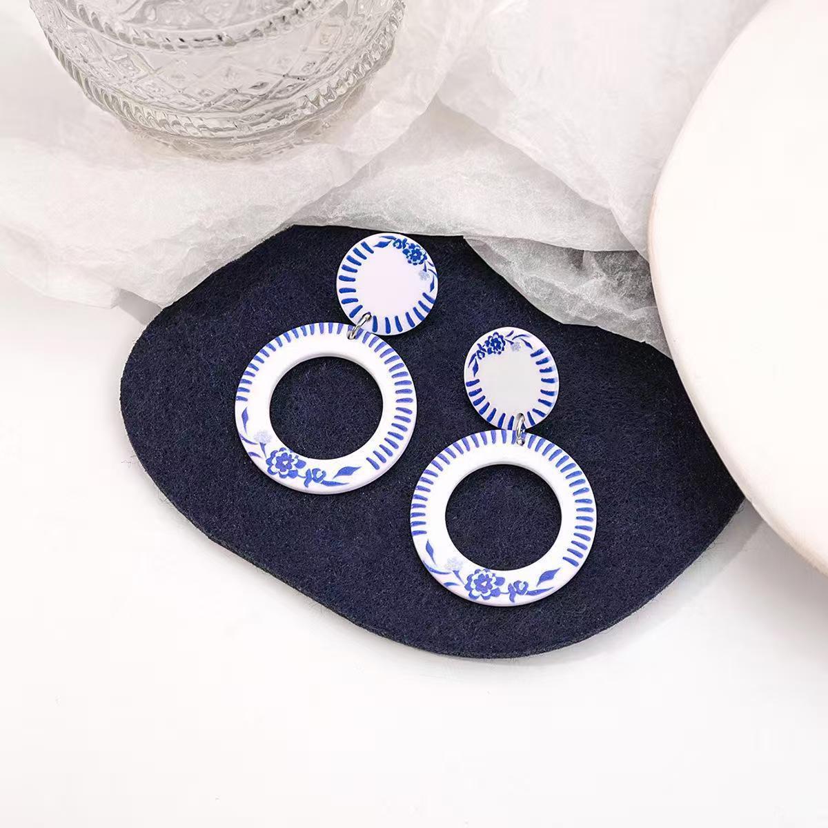 Trendy Blue & White Porcelain Chinese Style Earrings - Acrylic Dangle Ear Ornaments