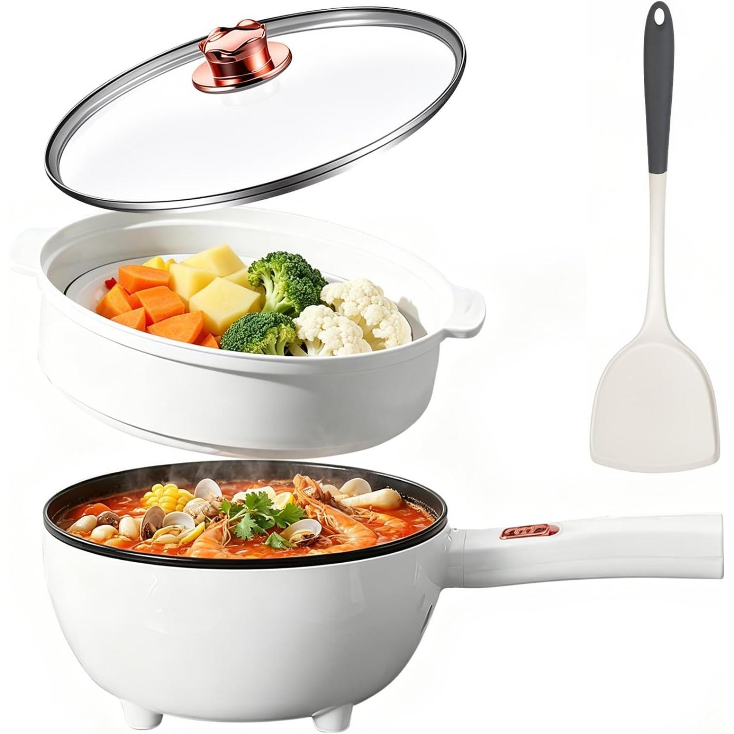 Gotrays Elektrische Hot Pot met Stoompan, Snelle Noedelkoker Anti-aanbak Koekenpannen met Spatel voor Steak, Ei, Gebakken Rijst, Ramen, Havermout, Soep, wit