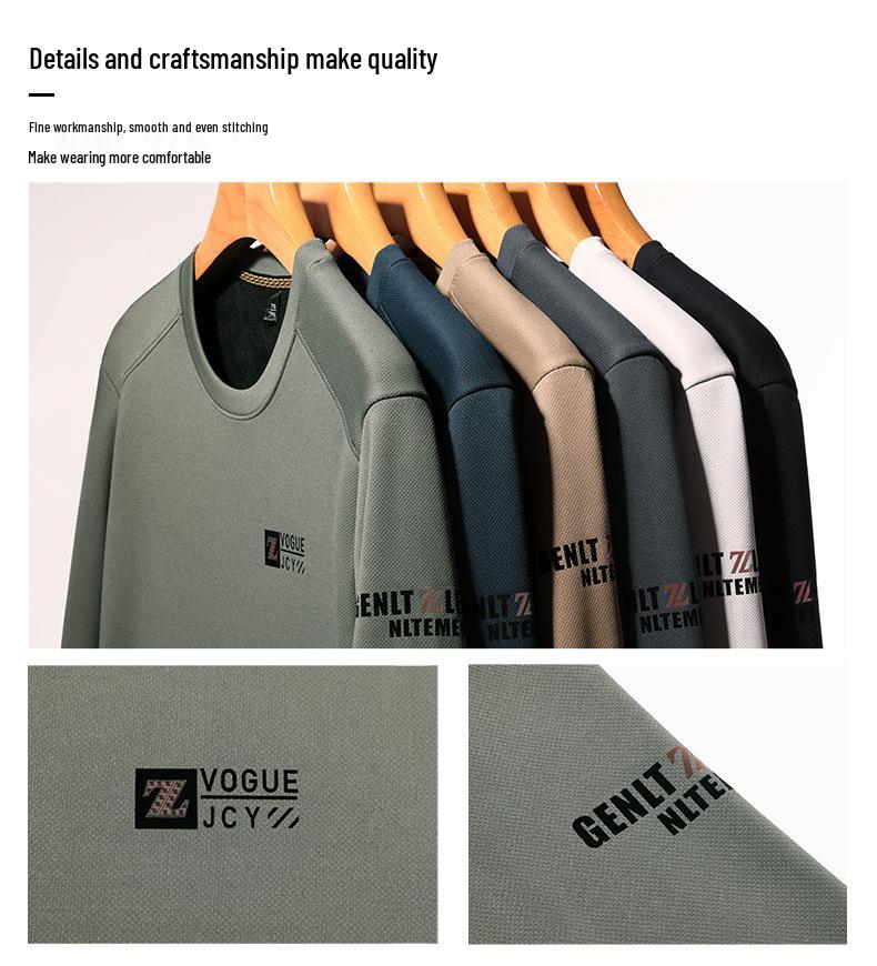 Men's Long Sleeve Round Neck Sweatshirt - Thick Velvet, Warm Base Layer for Autumn/Winter Fashion