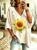 Camiseta casual de mujer con cuello en V, top holgado de manga corta con estampado navideño