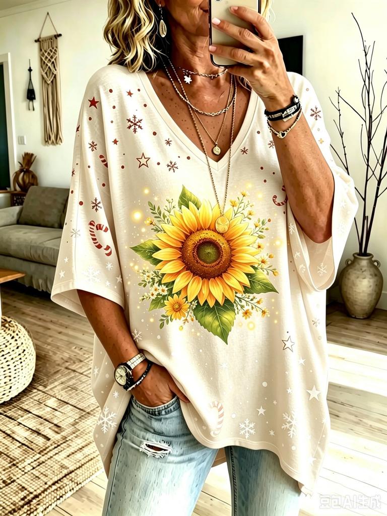 Camiseta casual de mujer con cuello en V, top holgado de manga corta con estampado navideño
