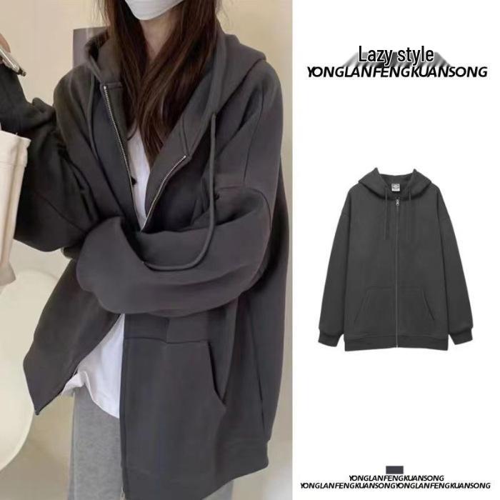 Felpa con cappuccio e zip foderata in pile da donna - Stile coreano pigro, Cardigan spesso per la primavera e l'autunno 2024.