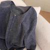 100% Pure Wool Women's Gray Round Neck Knitted Cardigan – Spring/Autumn Sweater Coat